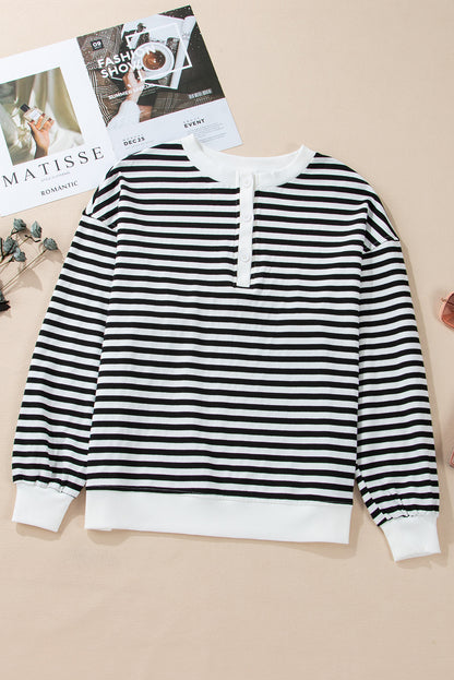 White Stripe Color Block Buttoned Crew Neck Oversized Sweatshirt