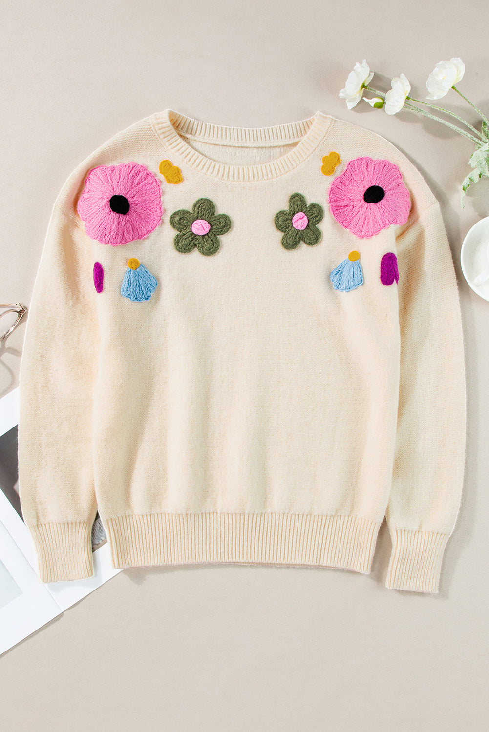 Beige Knitted Flower Pattern Ribbed Edge Sweater