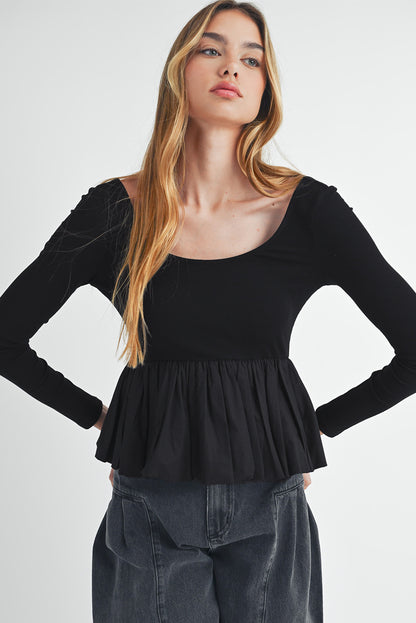 Black geribbeld gebreide schep met lange mouwen Peplum patchwork top