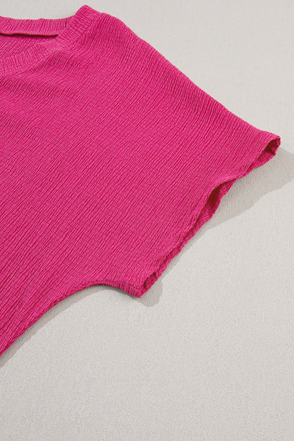 Bright Pink Crinkled V Neck Wide Sleeve T-shirt