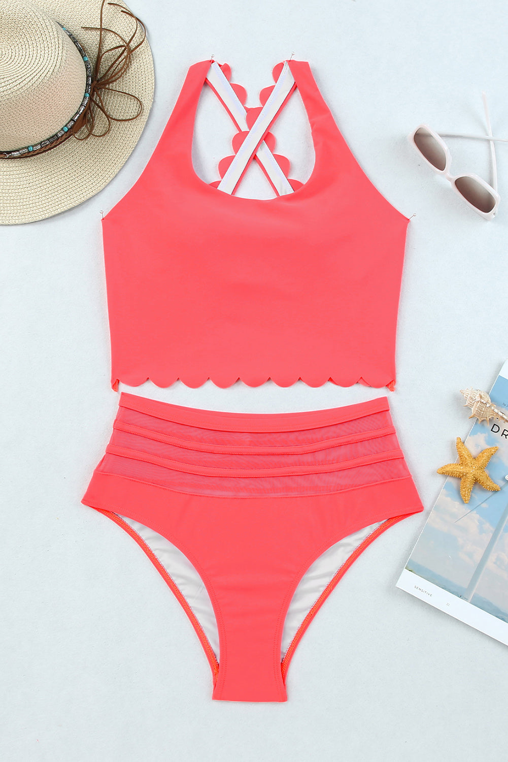 Roze geschulpte gekruiste bikini met hoge taille