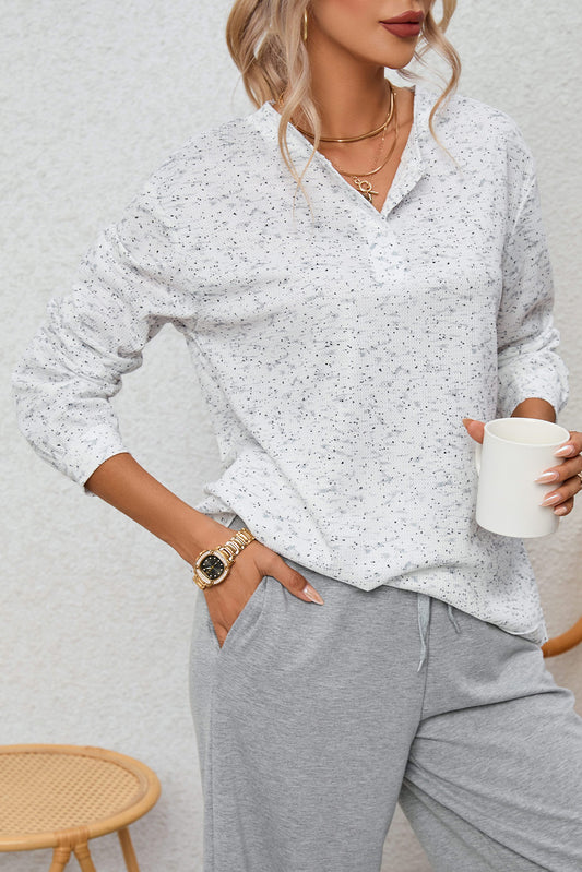 Grijze slouchy?Heather ribgebreide Henley-top met lange mouwen