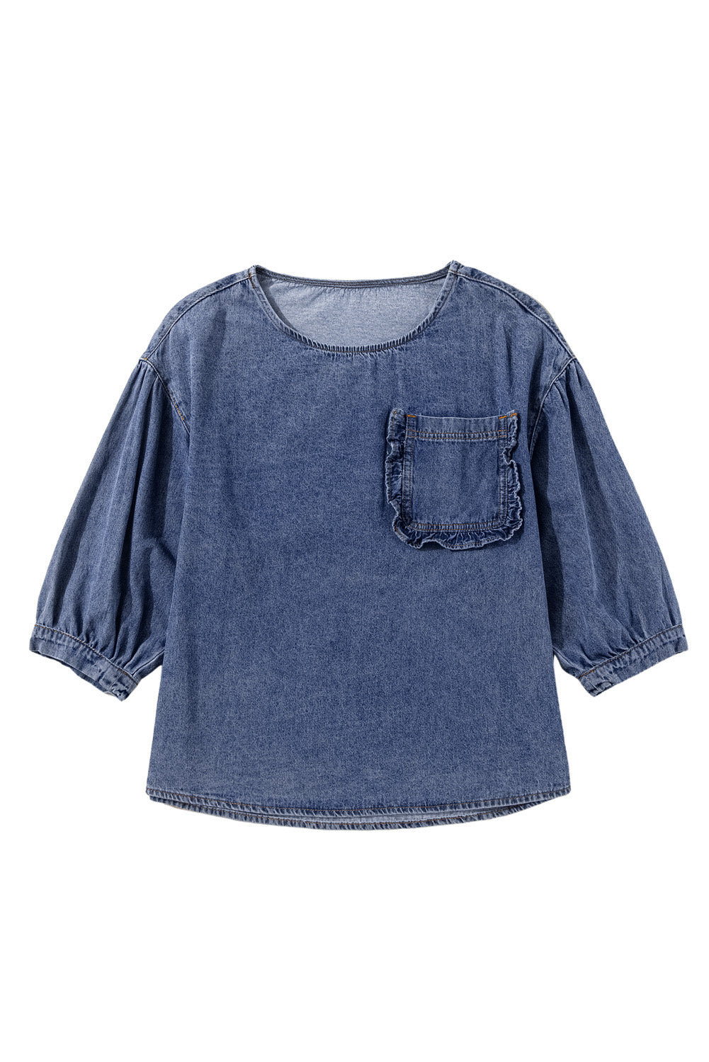 Hemelsblauwe 3/4-mouw gerimpelde denim blouse met opgestikte zakken