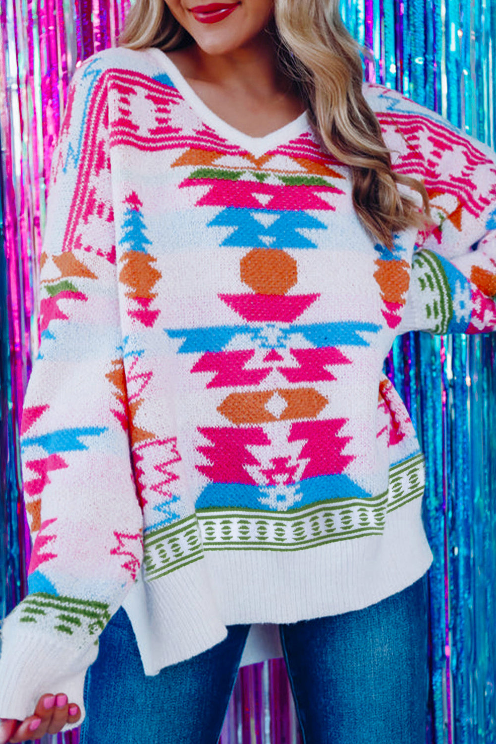 Witte oversized Aztec print high low V-hals trui