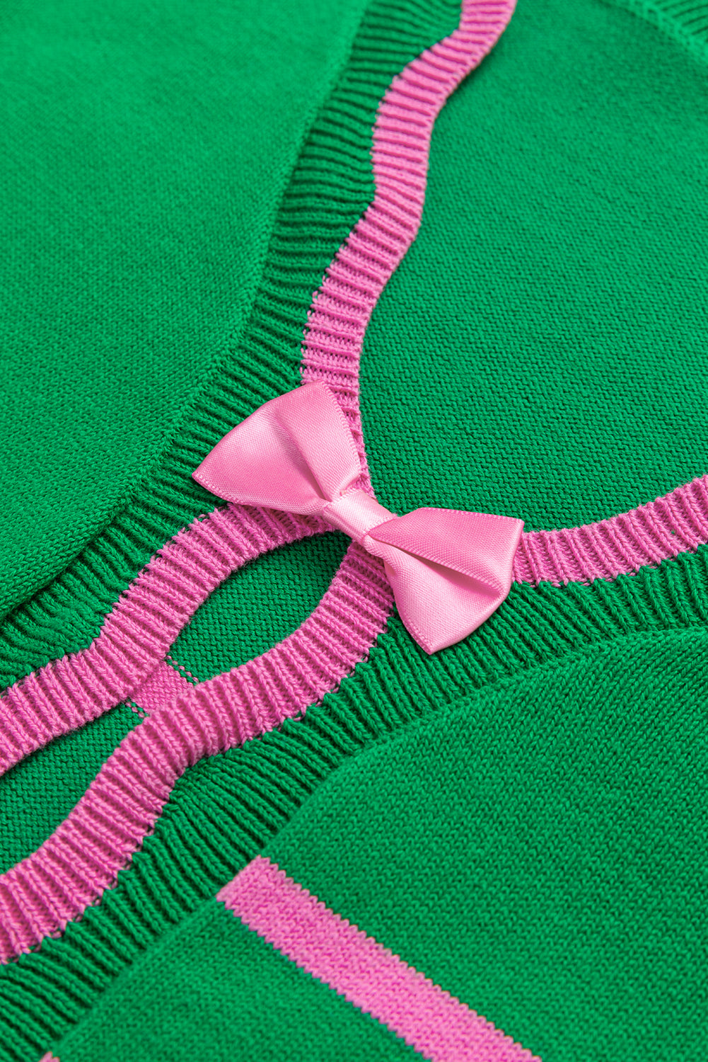 Green Stripe Ribbon Cute Bow Detail Sweater Knit Cardigan