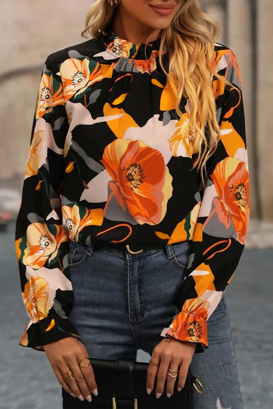 Zwarte blouse met bloemenprint en nephals