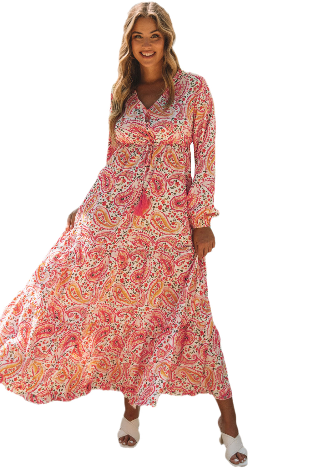 Oranje Boho Holiday Paisley-print gelaagde maxi-jurk met lange mouwen