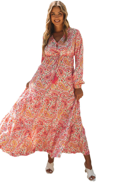 Oranje Boho Holiday Paisley-print gelaagde maxi-jurk met lange mouwen