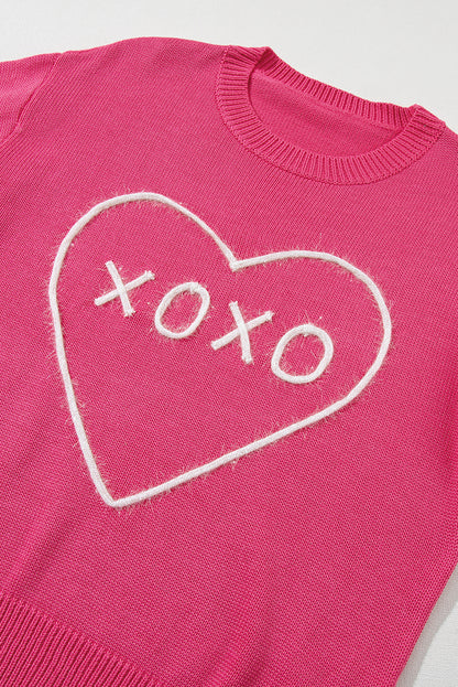 Rose Heart XOXO Pattern Drop Shoulder Rib Knit Sweater