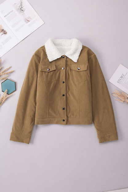 Khaki Corduroy Sherpa Snap Button Flap Jacket