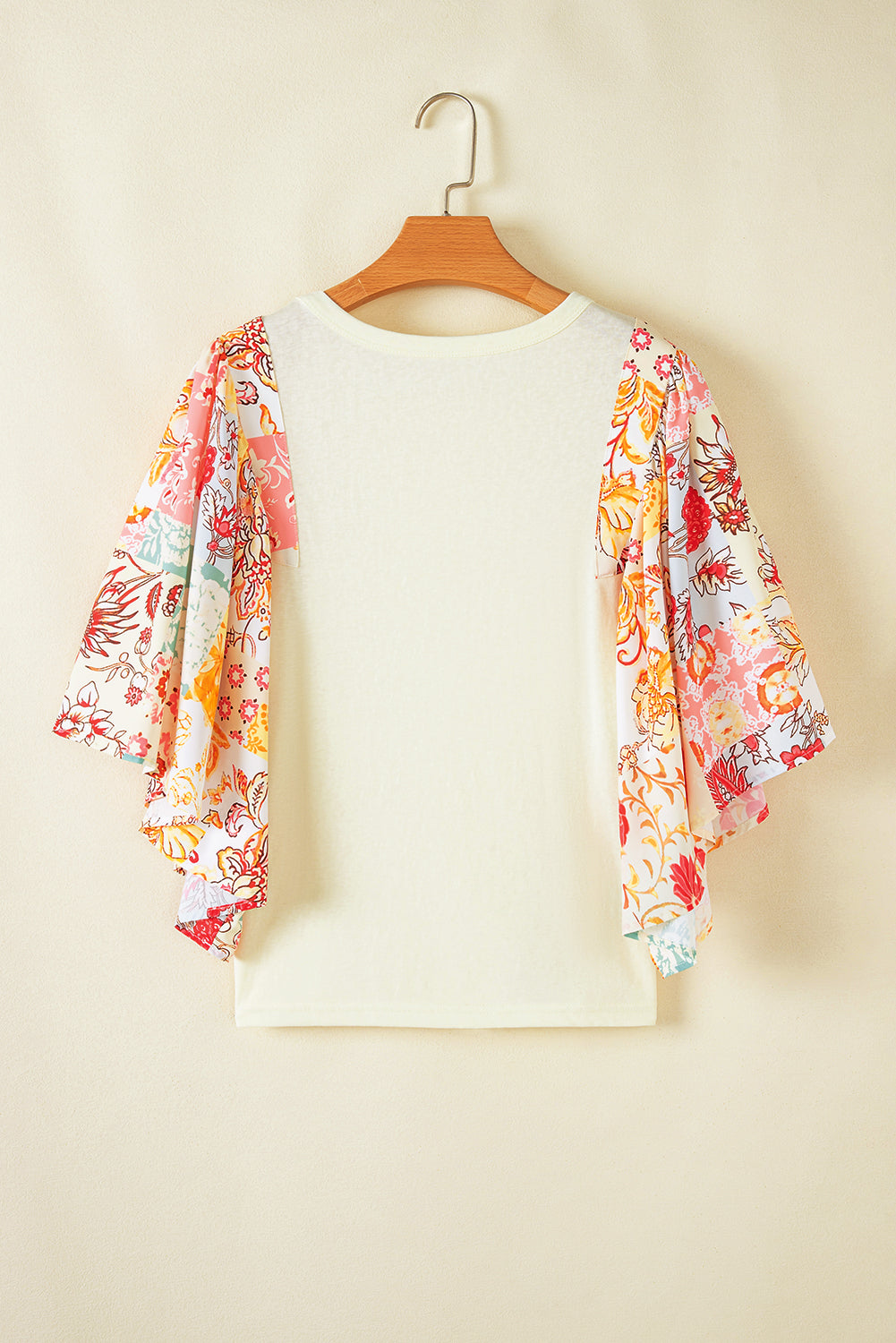 Beige Floral Patchwork Half Batwing Sleeve Blouse