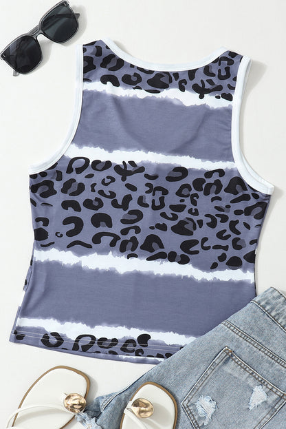 Gray Ribbed Leopard Tie Dye Snap Button Tank Top