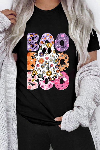 Black Boo Floral Ghost Print Crew Neck Halloween T -shirt