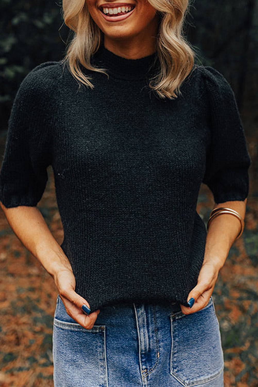 Black Knotted Keyhole Nape Short Sleeve Knit Sweater