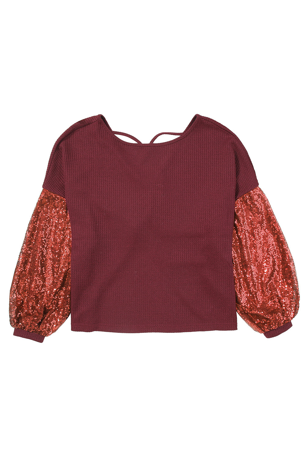 Burgundy Sequin Patchwork Sleeve Open Back Waffle Knit Top