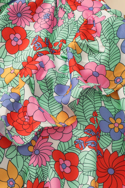 Veelkleurige grote maten bloemenprint, ruches, V-hals, blouse met bubbelmouwen