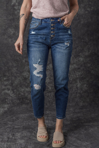 Blauwe noodlijdende skinny jeans met hoge taille en knoopsluiting