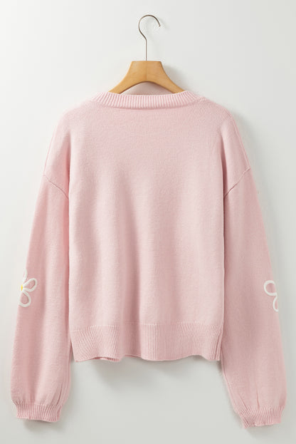 Pink Chenille Daisy Stitching Crew Neck Sweater