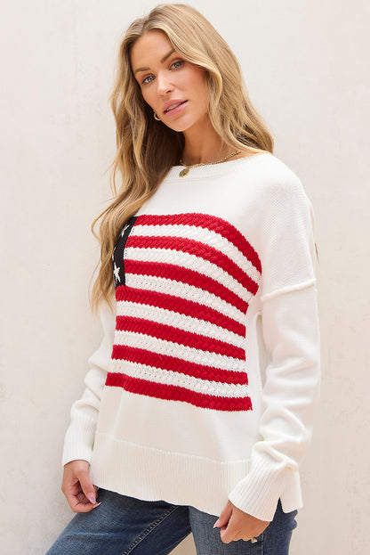 White American Flag Cable Knit Drop Shoulder Sweater