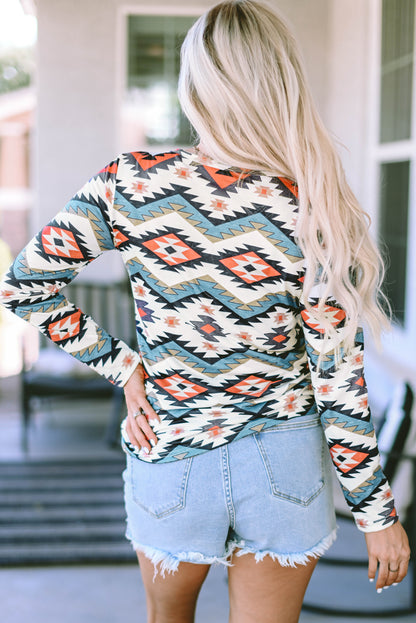 Witte Henley-top met lange mouwen en Azteekse geometrische print