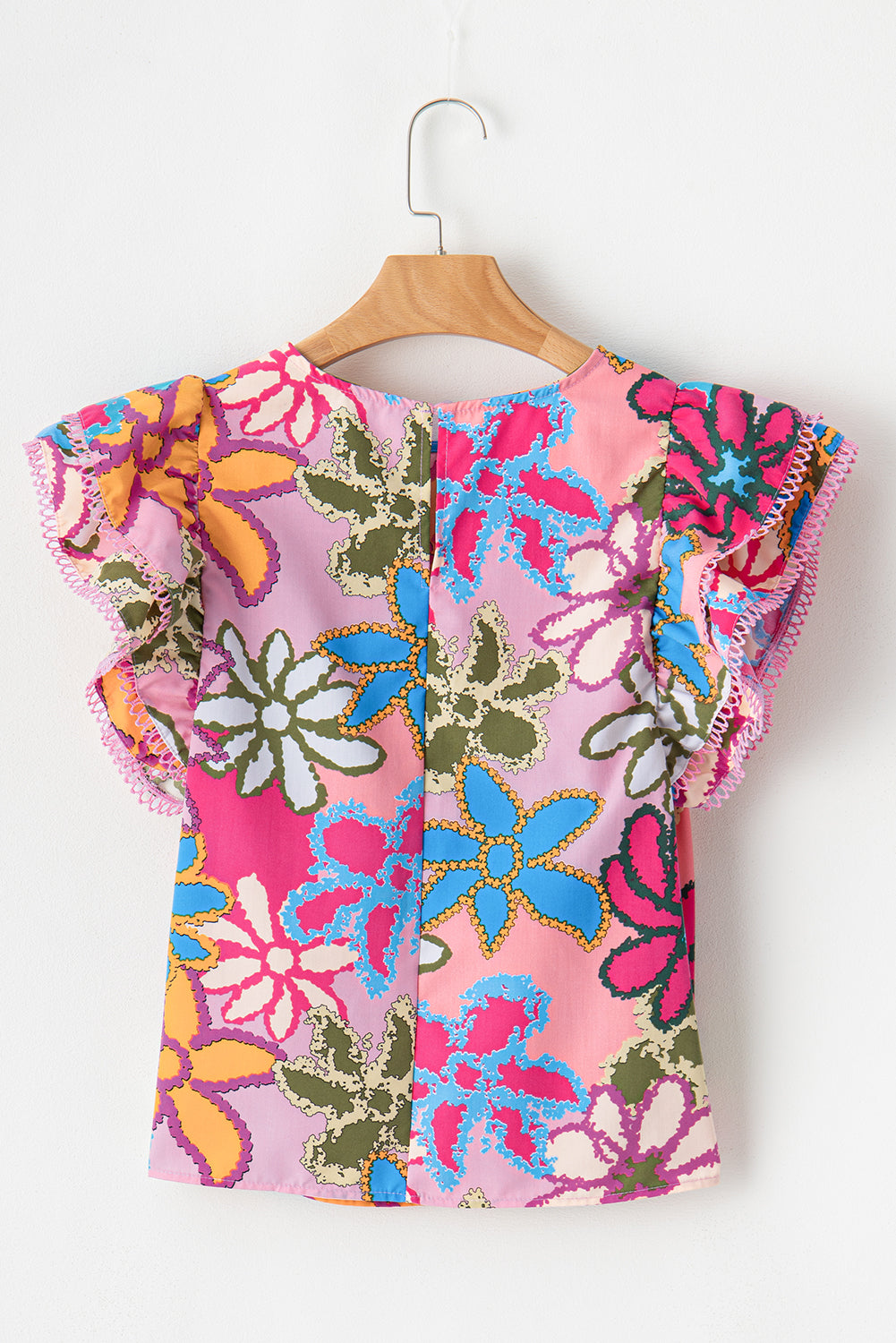 Veelkleurige, levendige bloemenprint bijgesneden blouse met ruches aan de mouwen