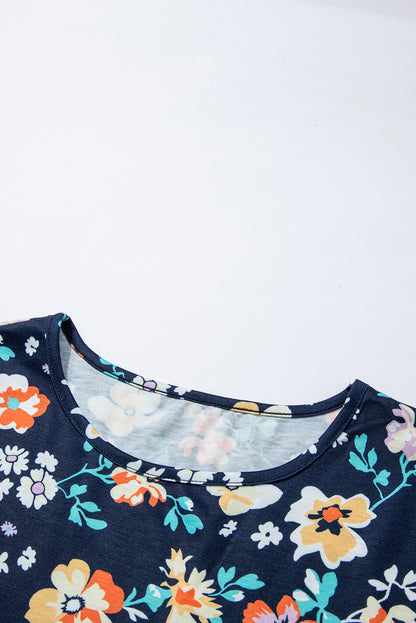 Blue Short Sleeve A-line Floral Dress