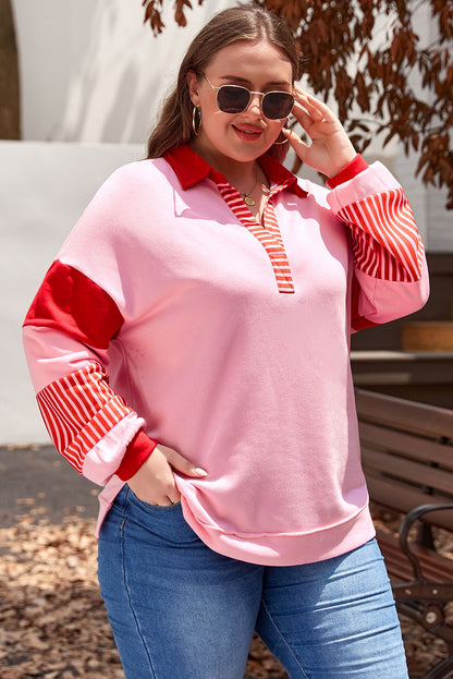 Rose gestreepte patchwork -zijde split Collared plus size sweatshirt