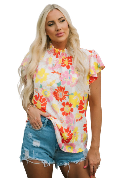 Multicolor Stand Collar Flutter Sleeves Floral Top