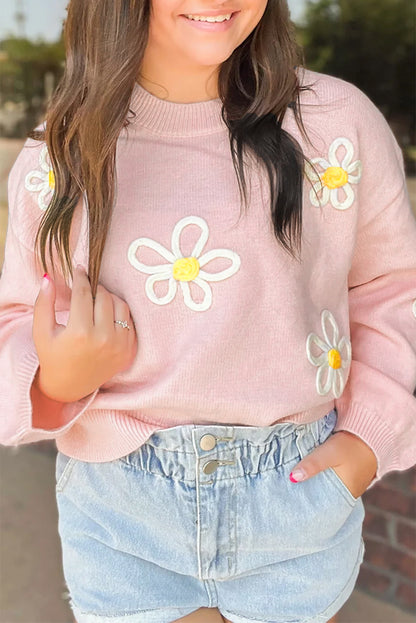 Pink Chenille Daisy Stitching Crew Neck Sweater