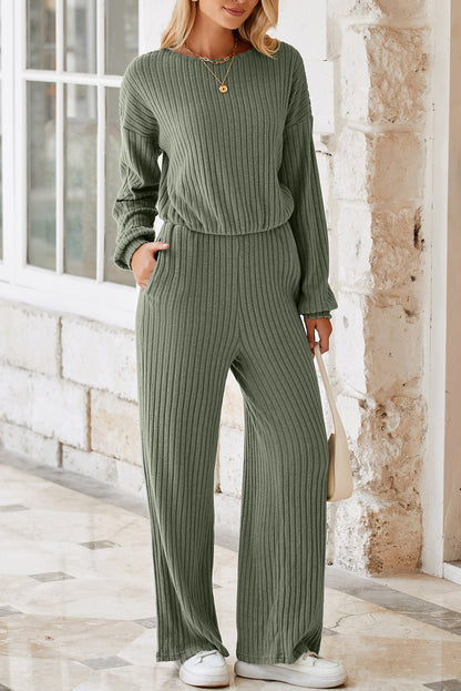 Lauriergroene effen geribbelde gebreide jumpsuit met sleutelgat aan de achterkant en hoge taille