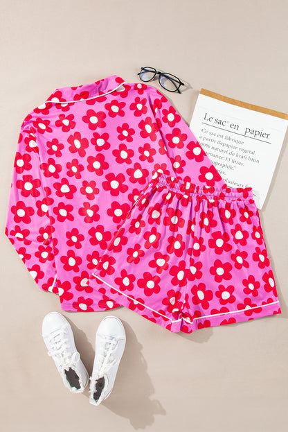 Roze bloemenprint shirt met lange mouwen, shorts, pyjamaset