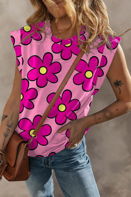 Roze bloemenprint T-shirt met ronde hals en kapmouw