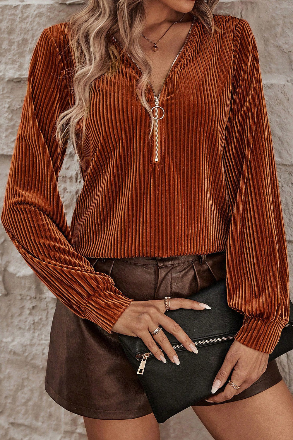 Chestnut Half Zip V Neck Ribbed Velvet Top