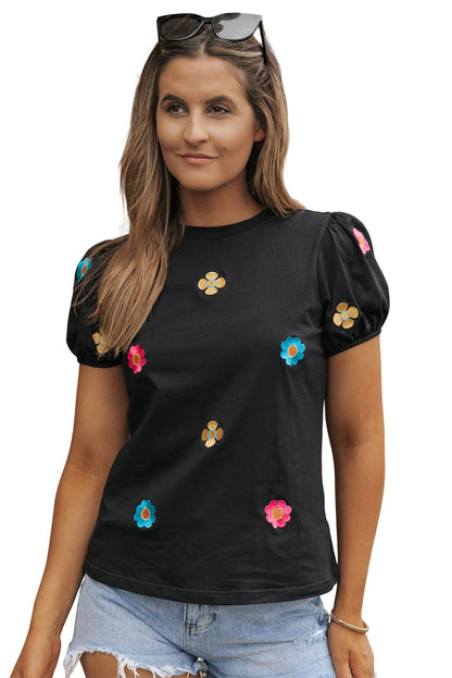 Zwart geborduurd T-shirt met korte pofmouwen en bloemen