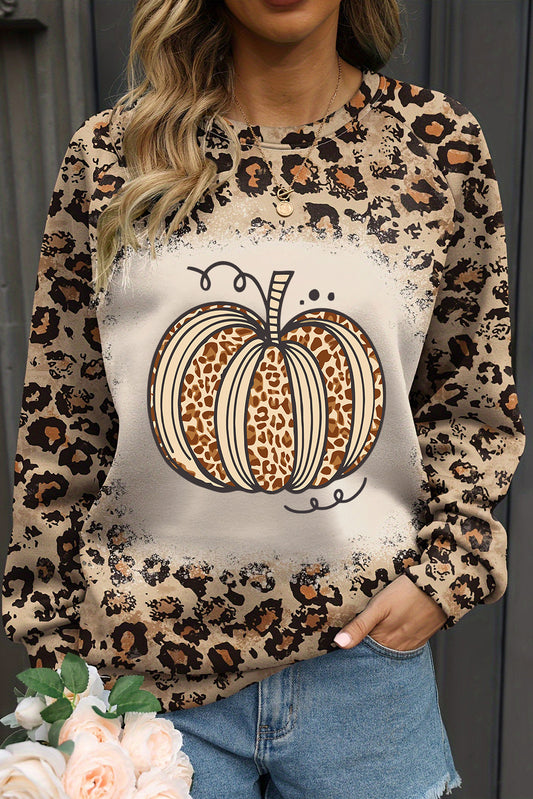 Bruin gebleekt Halloween pompoen luipaard print sweatshirt