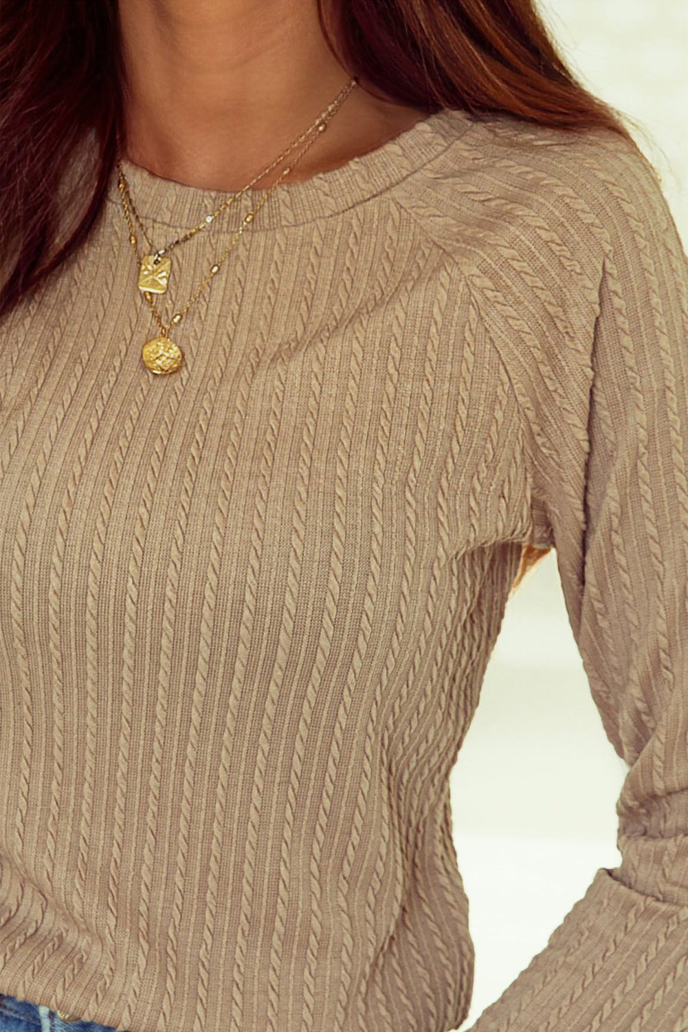 Khaki Ribbed Round Neck Knit Long Sleeve Top