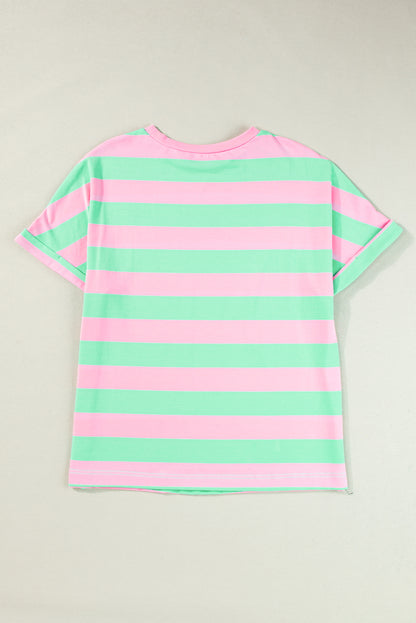 Roze gestreept los T-shirt met colorblock mouwen en manchetten