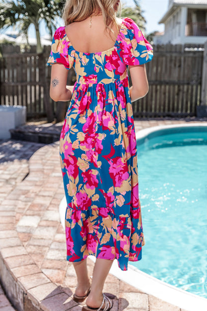 Dark Blue Square Neck Bubble Sleeve Ruffled Floral Dress