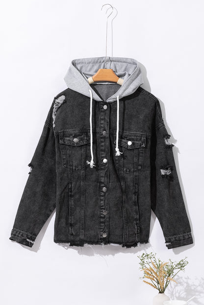 Zwart gerafeld denim jack met trekkoord en capuchon