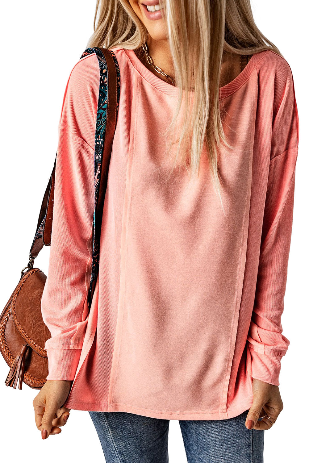 Roze effen kleur patchwork top met lange mouwen