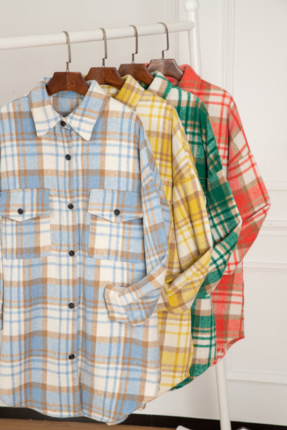 Yellow Plaid Flap Pocket Long Sleeve Shacket