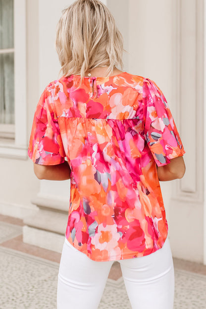 Vurige rode blouse met bloemenprint en wijde mouwen