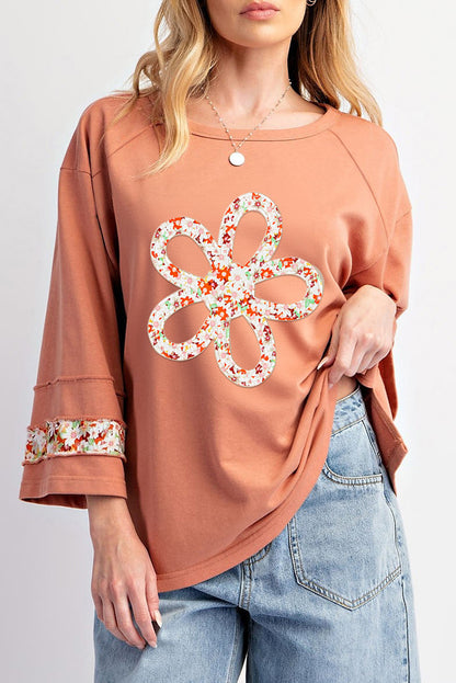 Grapefruit Orange Flower Patch Graphic blootgestelde naad brede mouw top