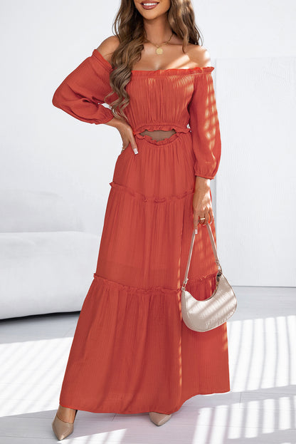 Oranje off-shoulder ballonmouwen uitgesneden maxi-jurk met ruches