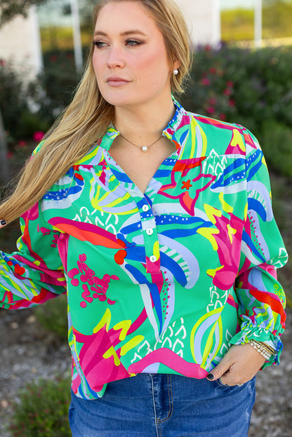 Green Abstract Printed Flounce Sleeve V Neck Buttoned Plus Size Blouse