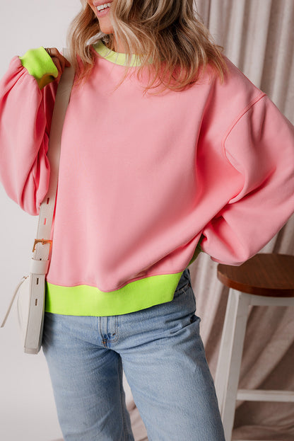 Pink Colorblock Bubble Sleeve Sweatshirt