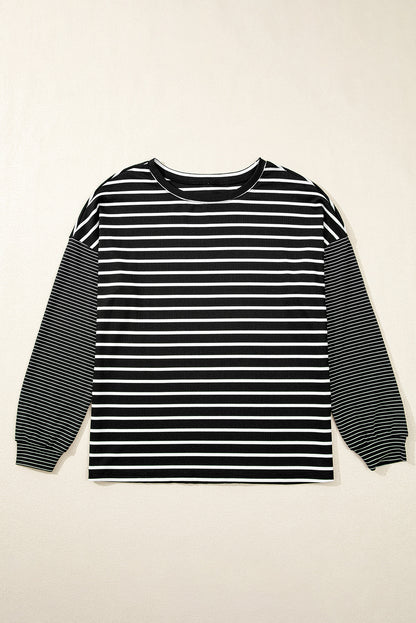 Black Stripe Patchwork Loose Long Sleeve Tee