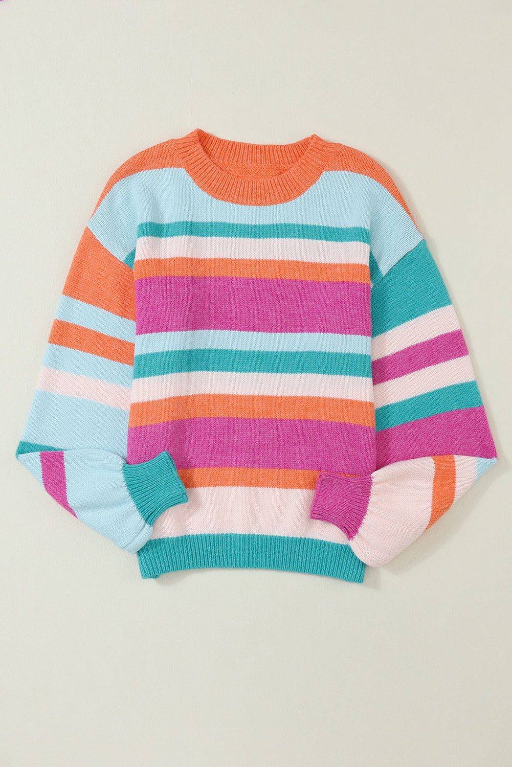 Multicolor Striped Knit Drop Shoulder Puff Sleeve Sweater