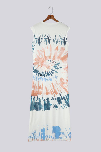 Witte tie-dye jurk met lange split en kapmouwen