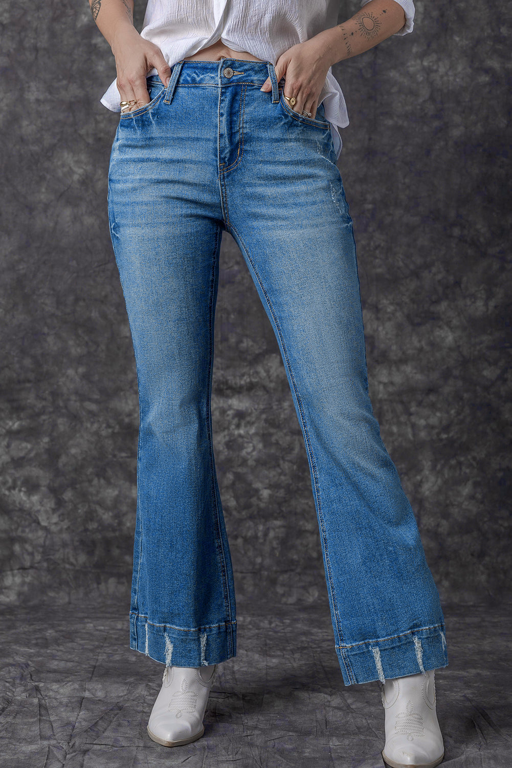 Sky Blue Slight Distressed Medium Wash Flare Jeans